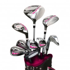 LADIES LEFT HAND MAGENTA/PINK POWERBILT ALL GRAPHITE COMPLETE GOLF CLUB SET w/DRIVER + HYBRID + BAG + PUTTER + 3 HEAD COVERS: REGULAR LENGTH